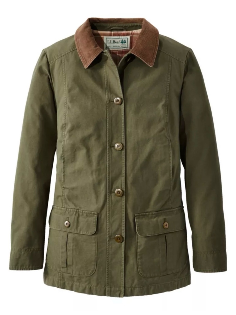 L.L. Bean Olive Women’s M Utility Barn Jacket with Brown Corduroy Collar